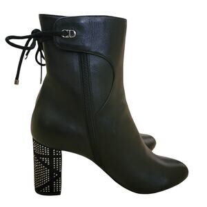 Christian Dior Black Leather Ankle Boots CD Logo Stellar Studded Heels 39.5 9.5